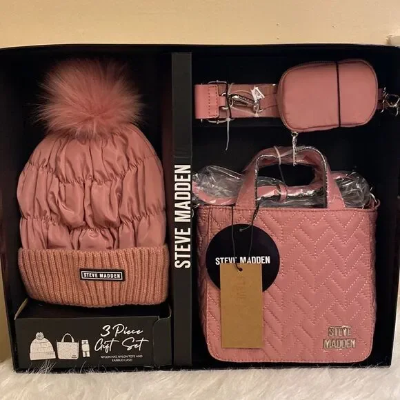 NWT Steve Madden Tote/Crossbody w/ AirPod Case and Hat- 3pc Gift Set - Mauve - Picture 2 of 15
